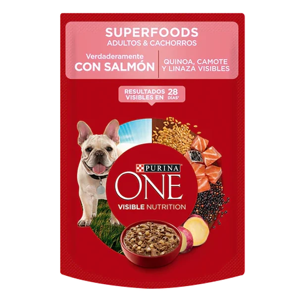 Purina one pouch Superfoods perros adultos y cachorros de salmón